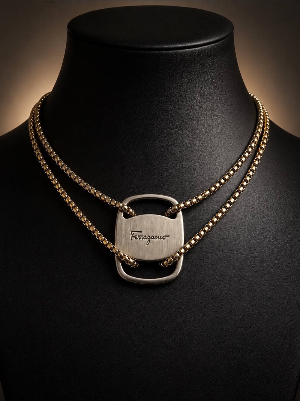 Salvatore Ferragamo Custom Logo Plate Necklace in Gold 15-16”
